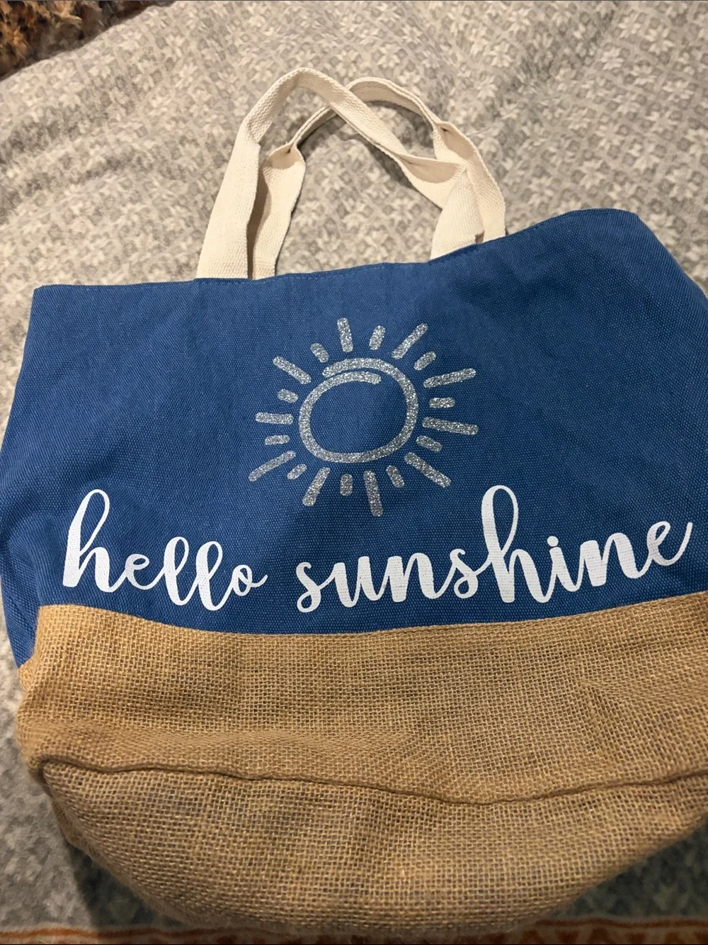 Hello Sunshine ~ Blue & Tan Cotton and jute Tote Bag with sparkling Glitter Sun